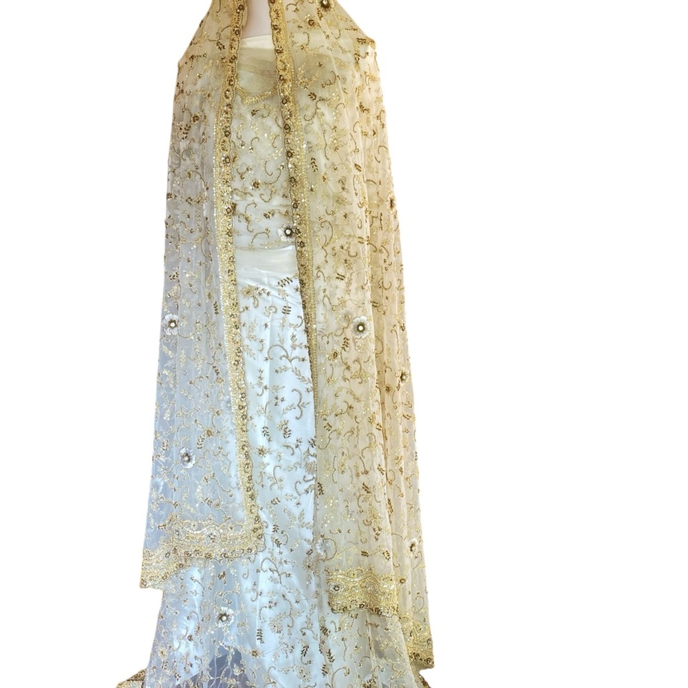 Elegant White and Gold Embellished Fabric Only. Indian Style